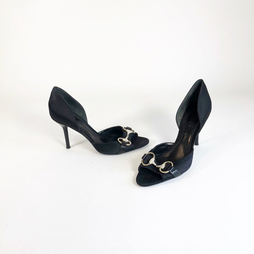 Gucci Black Horsebit Open Tie Hollywood Heels 7B - Picture 2 of 13
